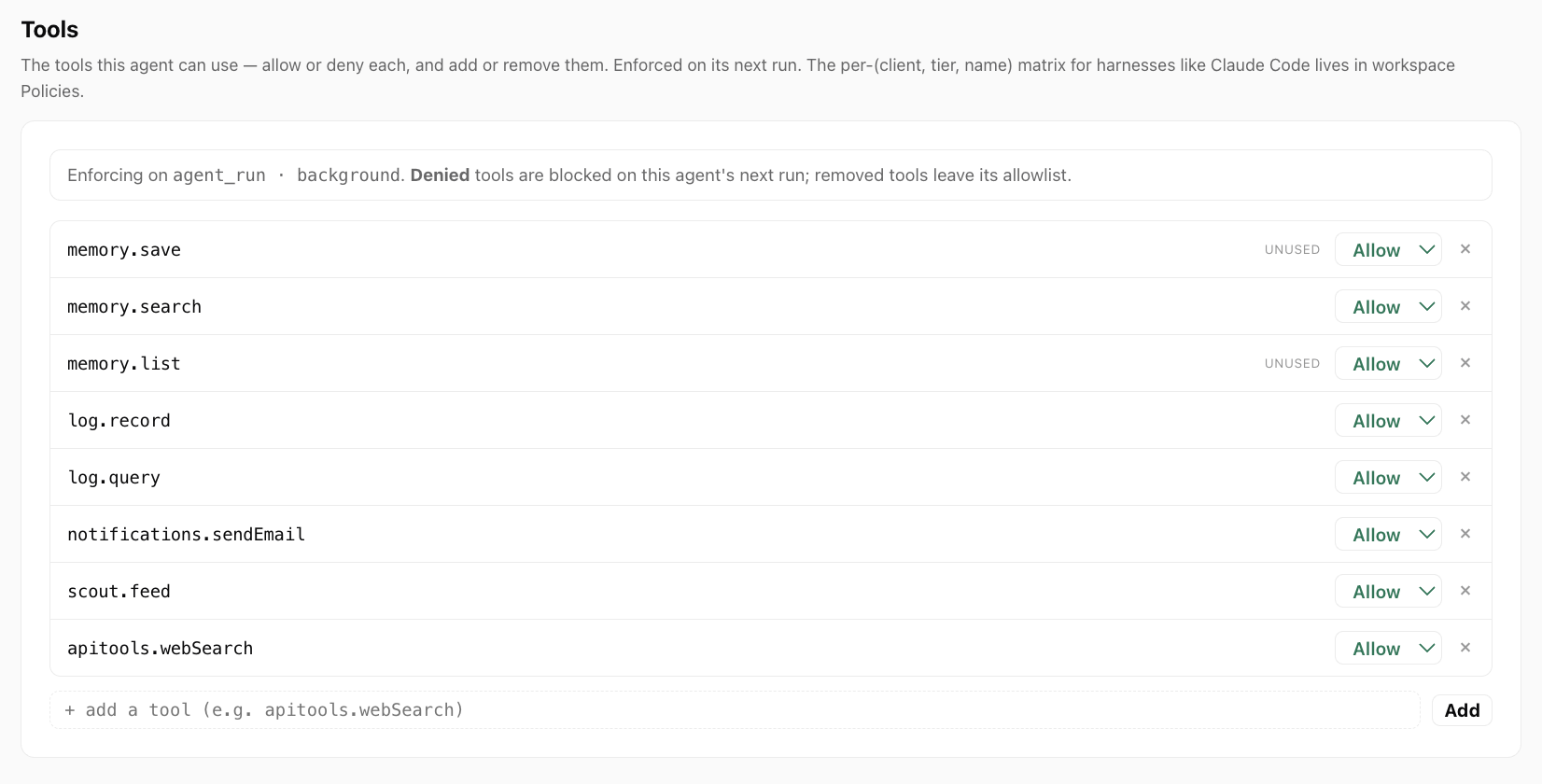 Per-agent tool policy: each tool set to allow, ask, redact, or deny, enforced on the agent's next run