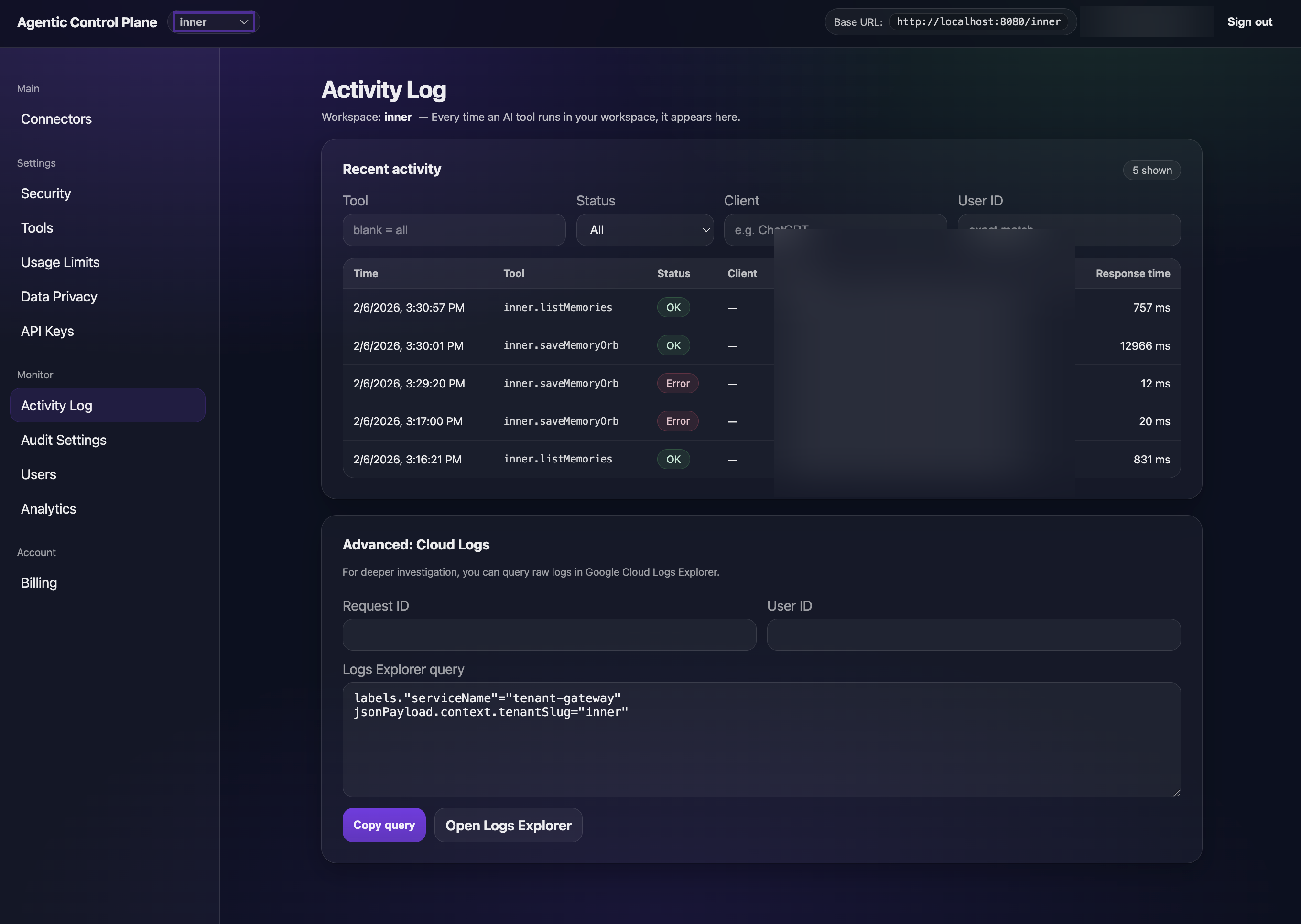 Agentic Control Plane activity log showing tool calls with user identity, status, client, and response time