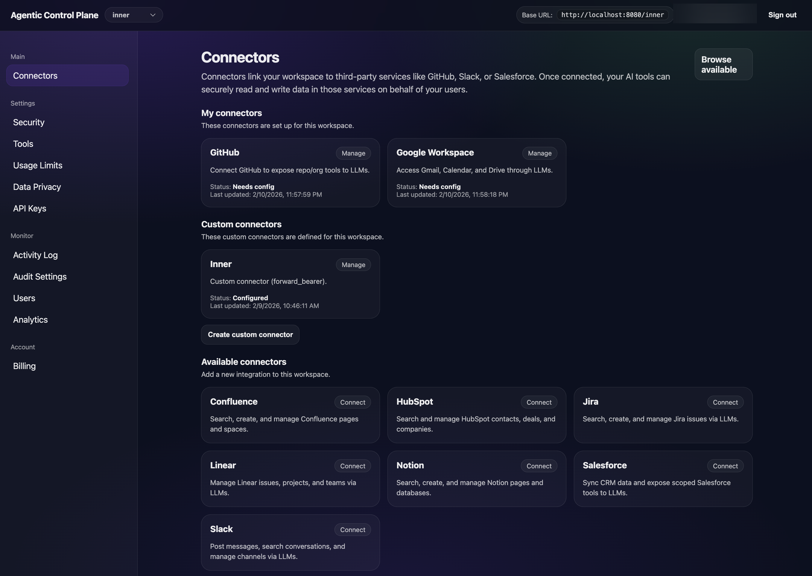 Agentic Control Plane connector marketplace with built-in and custom connectors