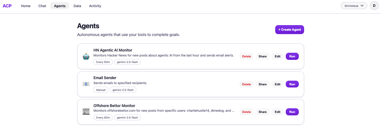 Agents page showing agents with Run, Edit, Share, and Delete actions