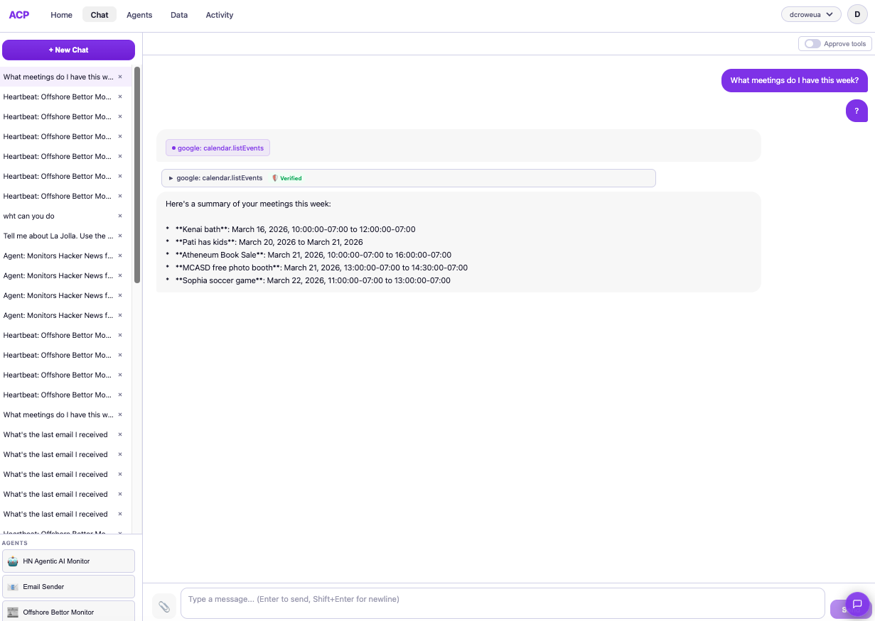 Chat view showing a conversation with Google Calendar tool calls