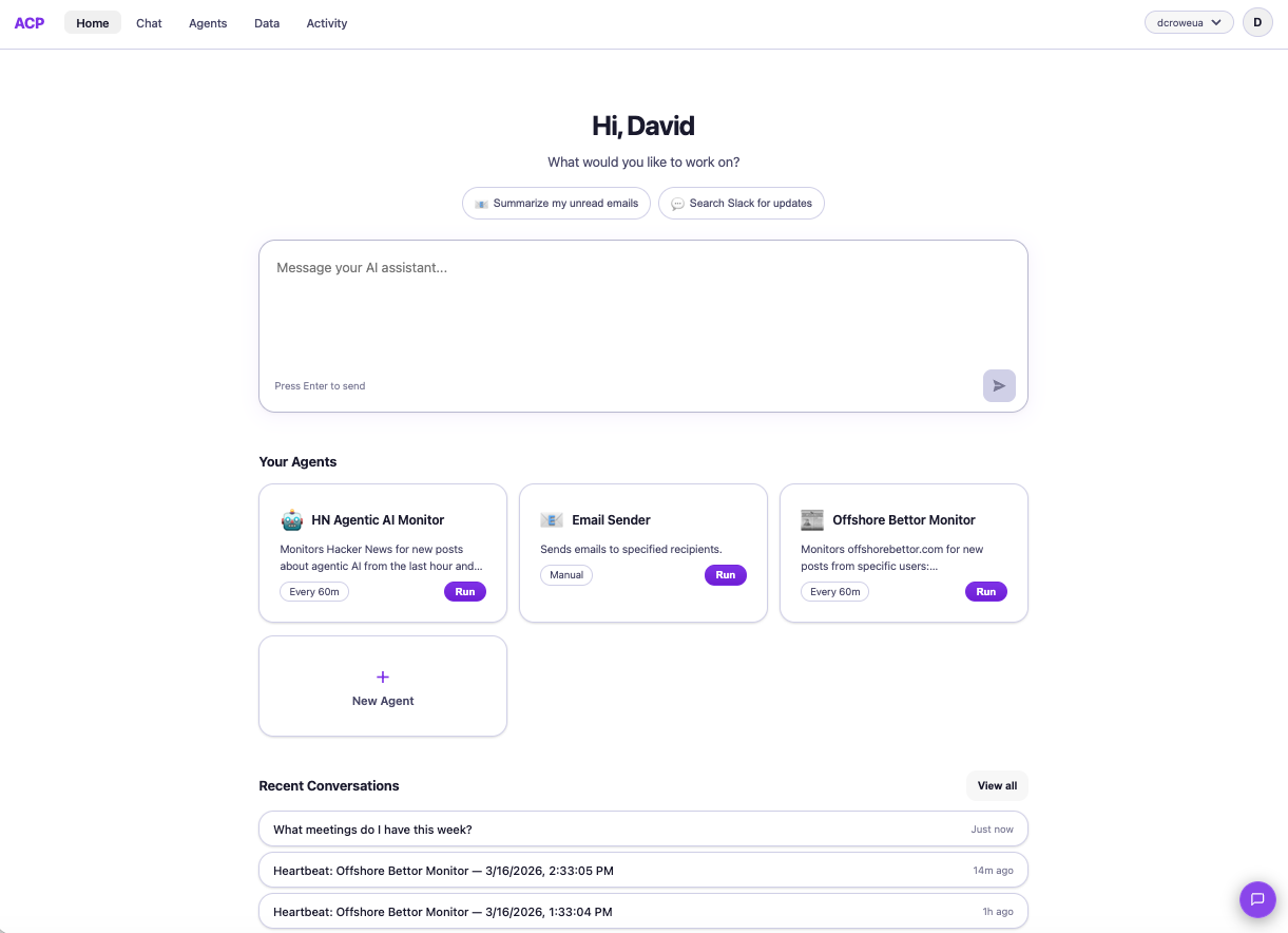 Home dashboard showing quick prompts, your agents, and recent conversations