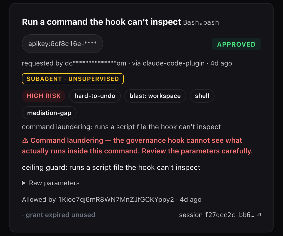 An ACP approval request as it appears on a phone: the tool (Bash) and the reason it was held, the requesting agent and harness, a subagent/unsupervised tag, risk labels (high risk, hard to undo, blast radius workspace, shell), a warning that the command runs a script the hook can't inspect, the raw parameters behind a toggle, and the approved outcome