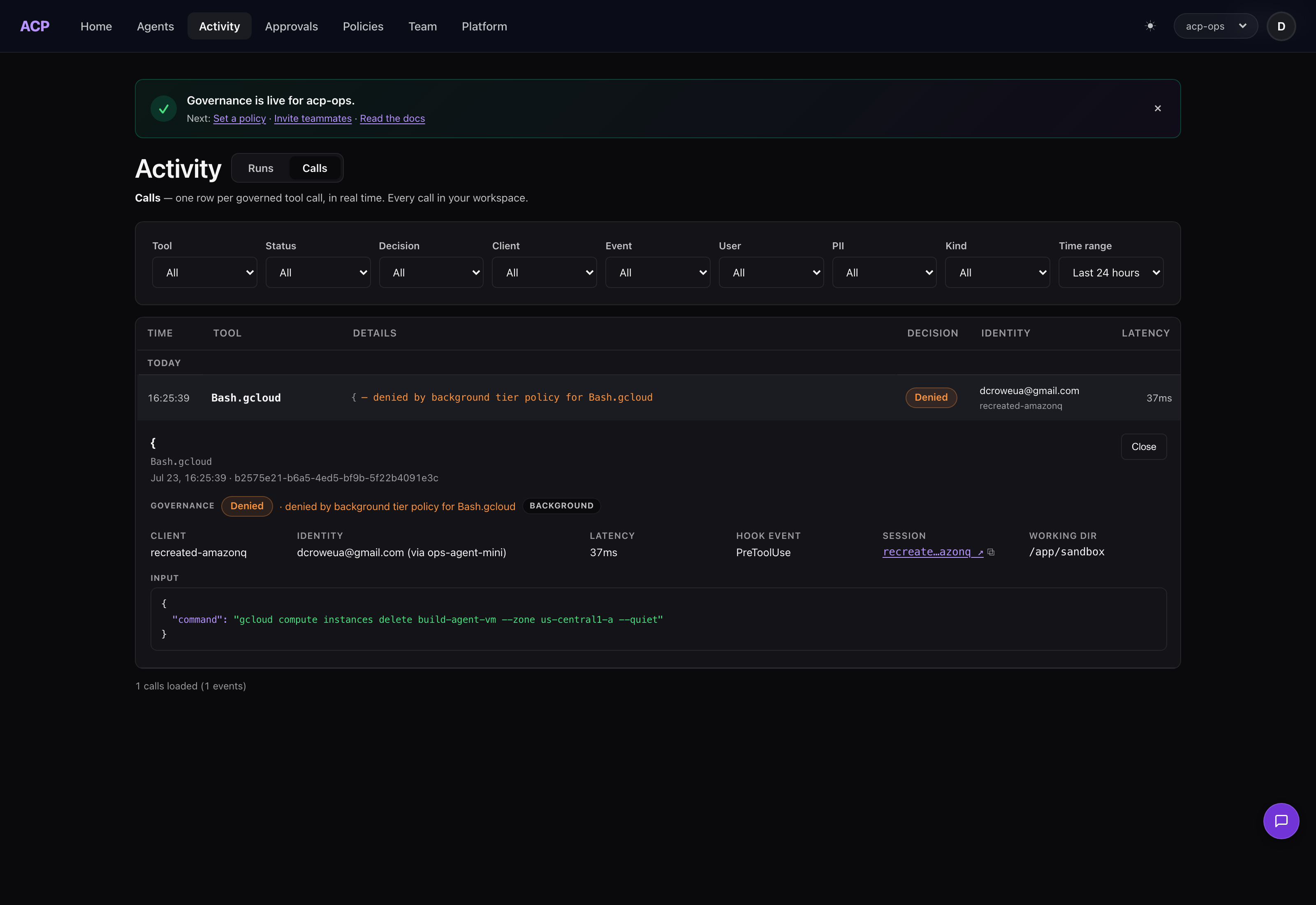 ACP console showing the denied cloud-resource-deletion call in full detail: verdict, background tier, identity, session, working directory, and the exact command