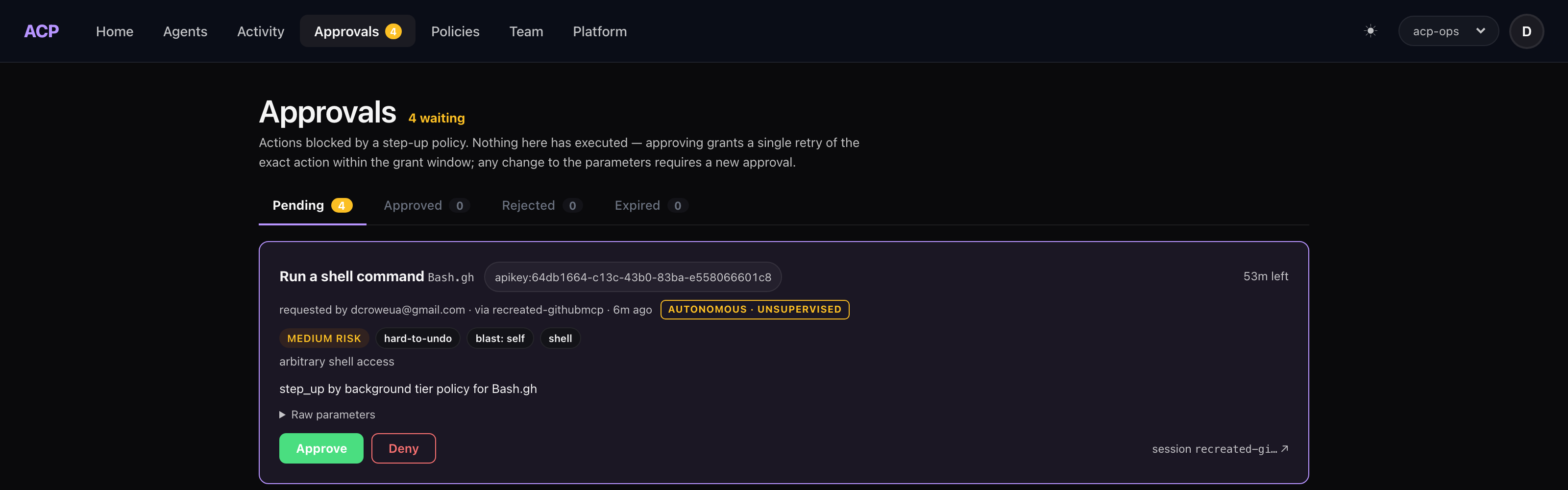 ACP Approvals queue showing the governed twin's gh call held for approval: Bash.gh, background/autonomous tier, requested via recreated-githubmcp, with Approve and Deny buttons and the note that nothing has executed