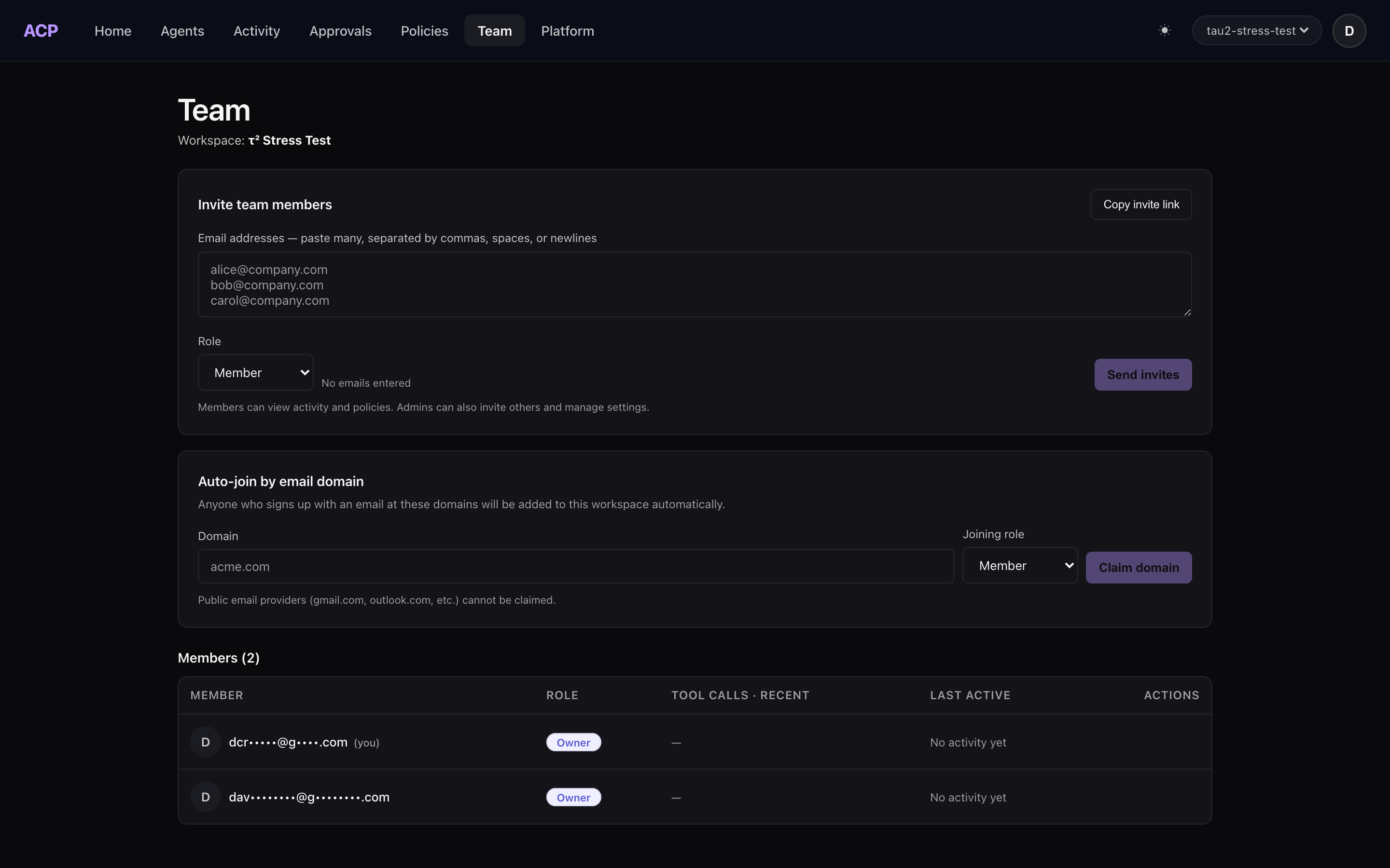 The ACP Team page: bulk email invites with a role picker and copyable invite link, domain auto-join with a joining-role selector, and the members table showing each member's role, recent tool calls, and last-active time